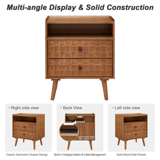 Nightstand With Charging Station, 2 Drawer Bedside Table With Shelf And USB / AC Ports