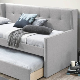 Daybed With Slat Trundle, Button Tufted - Light Gray