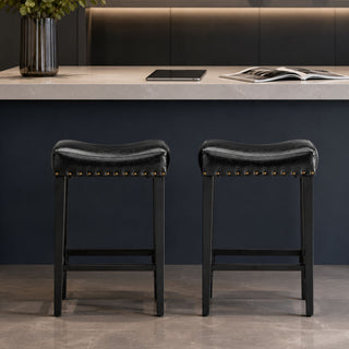 Bar Stool With Brass Nailhead Trim (Set of 2) - Black