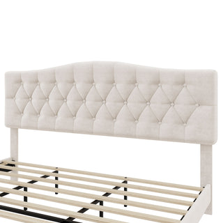 King Upholstered Platform Bed With Curved Adjustable Headboard And Diamond Tufted Details, No Box Spring Needed - Beige