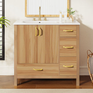 Bathroom Vanity, 2 Soft Close Doors, 4 Soft Close Drawers, Adjustable Shelf, Storage Cabinet - Acacia Wood