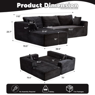 Compression Sectional Couch With Comfy Chaise, Boneless L Shape Sofa With Deep Seat