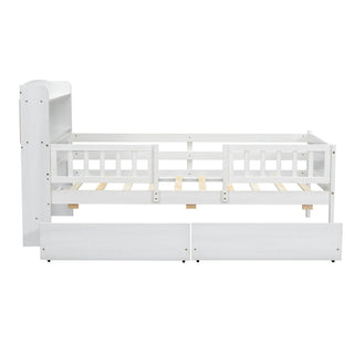 Platform Bed With LED Light, Multi Functional Headboard, Guardrail And 2 Drawers