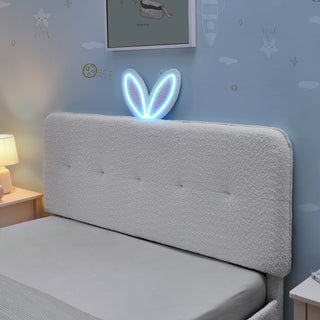 Upholstered Bed With Oversized Rabbit Ear Headboard, LED Lights & 4 Storage Drawers