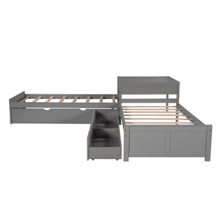 L Shaped Platform Bed With Trundle And Drawers Linked With Built In Desk