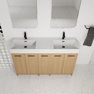 Double Sink Bathroom Vanity With Extra Large Storage, Integrated Sink, Freestanding Cabinet, Soft Close Doors - Glossy White / Light Oak
