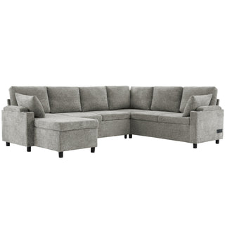 U-Shaped Sectional Sleeper Sofa With Ample Storage Space, 2 Cup Holders And Charging Ports For Living Room