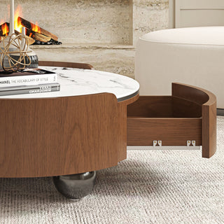 Round Coffee Table With Ball Feet, Dual Storage Drawers For Living Room - Walnut Brown