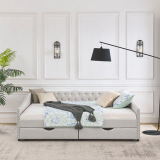 Upholstered Tufted Daybed With 2 Drawers, Waved Arms