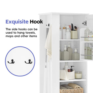Freestanding Bathroom Storage Cabinet With Adjustable Shelves And Side Hooks Board, Rectangle Design