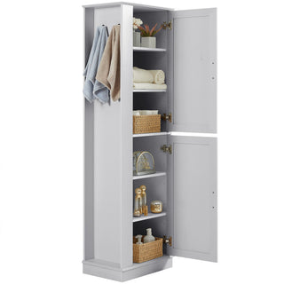 Tall Freestanding Bathroom Storage Cabinet With Adjustable Shelves And Side Hooks