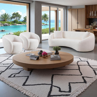 3 Piece Set Curved Sofa, Upholstered 3 Seater With Tight Curved Back For Living Room - White