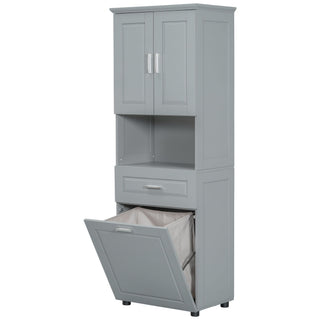 Tall Bathroom Cabinet With Tilt-Out Laundry Basket And Upper Storage