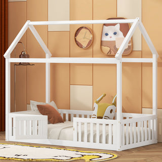 Wood House Bed With Fence And Door