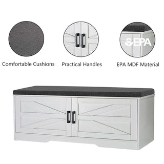 2 Tier Shoe Bench With Padded Seat, 2 Barn Doors And Adjustable Shelves, For Entryway And Living Room - White