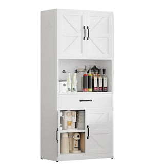 Kitchen Pantry Cabinet With Adjustable Shelves, Drawers, Hooks And Large Countertop - White