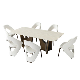 Dining Table Set With Upholstery - Ancient White / Antique Bronze / Beige