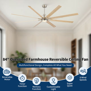 Oversized Large Ceiling Fan With Dimmable LED Light, 8 Blades, Remote Control