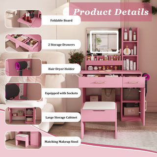 Vanity Desk With LED Mirror Lights And Power Outlet Charging Station, 3 Drawers, 7 Shelves, Storage Stool - Pink