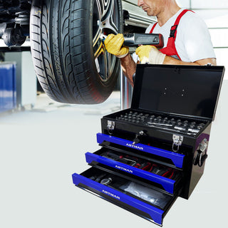 Portable 3 Drawer Steel Toolbox, 4 Layers Of Tools With Metal Latches, With Storage Tray And Carrying Handle