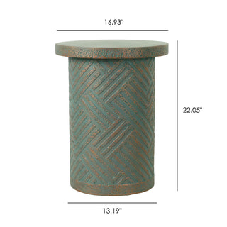 Round Outdoor End Table With Tree Stump Design For Patio - Golden / Green / Peacock