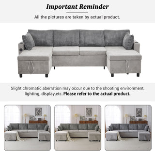 Sectional Sofa Bed With Pull Out Sleeper, USB Ports, Cup Holders