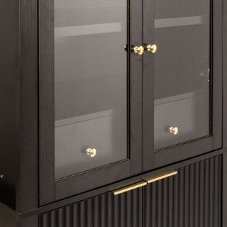 Fluted Tall Arched Pantry Cabinet With Adjustable Shelves, Glass Door & Hidden Drawer For Kitchen