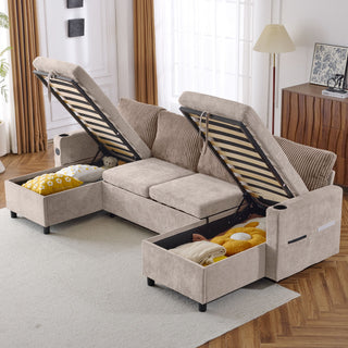 Sectional Sofa Bed With Pull Out Sleeper, USB Ports, Cup Holders
