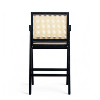Woven Cane Plastic Backrest Bar Stool Foam Padded Fabric Seat & Durable Rubberwood Frame - Cream Gray
