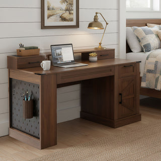 Office Desk With Storage Cabinet, Charging Station, Monitor Stand & Pegboard