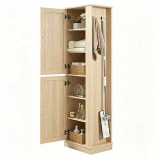 Tall Freestanding Bathroom Storage Cabinet With Adjustable Shelves And Side Hooks