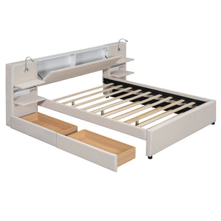 Upholstered Platform Bed With Reading Lights, Drawers, Trundle And Shelves