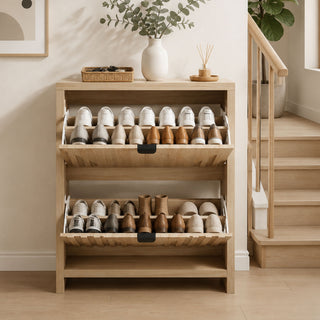 Entryway Shoe Cabinet With Vertical Carved Panels - Oak