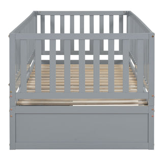 Daybed With Fence Guardrails And 2 Drawers, Split Into Independent Floor Bed & Daybed