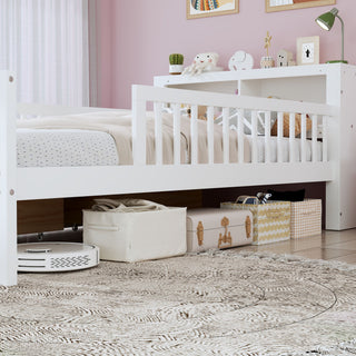 Bed With Headboard Storage Rack, 2 Under Bed Drawers, 3 Side Guardrails For Safety