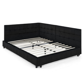 Mid-Century Storage Upholstered Tufted Bed Frame With Backrest And Armrests