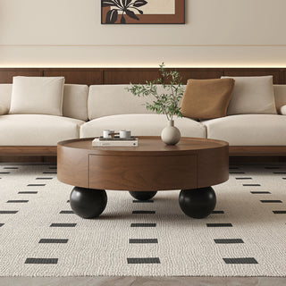 Round Coffee Table With Storage Drawer And Ball Feet - Walnut / Black