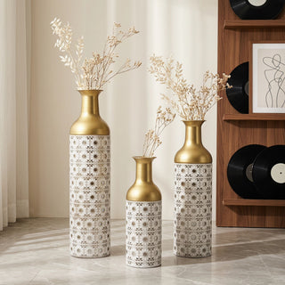 Handcrafted Cutout Hollow Tall Standing Floor Vase, Home Decor (Set of 3) - White / Gold