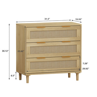 3 Drawers Rattan Storage Cabinet Rattan Drawer, For Bedroom, Living Room, Dining Room, Hallways (Set of 2) - Oak