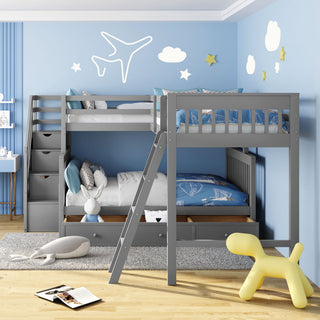 Solid L Shaped Bunk Bed With 3 Drawers, Ladder And Staircase