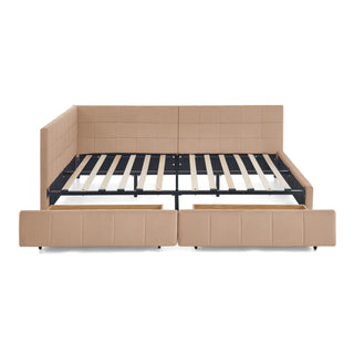 Mid-Century Storage Upholstered Tufted Bed Frame With Backrest And Armrests