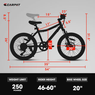 S20101 20" Kids' Bike, Boys Girls Mountain Bike Ages 8-12, 7 Speed Teenager Children Kids' Bicycles, Front Suspension Disc Brake Rear V-Brake, High Steel Frame