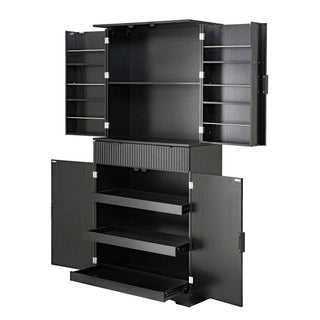 Fluted Kitchen Pantry Cabinet With 3 Keyboard Drawers & 6 Adjustable Door Shelves