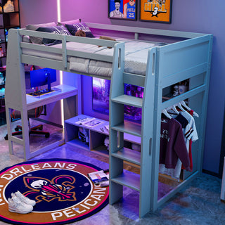 Gaming Loft Bed With Desk, Multi Storage Shelves, LED Lighting, And Hanging Clothes Rack