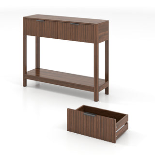Mid-Century Modern Fluted Console Table With 2 Drawers & Open Shelf, Walnut Finish Narrow Entryway Table, Slim Sofa Table For Hallway, Living Room, Small Spaces, Easy Assembly