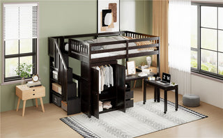 Loft Bed With Stairs, Bookshelf, Drawers, Desk & Wardrobe, Space Saving Multifunctional Furniture