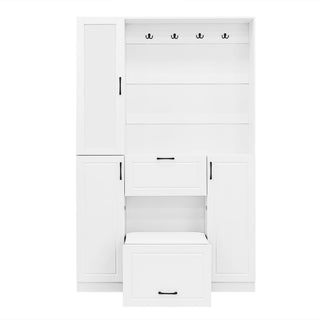 Entryway Bench With Integrated Shoe Cabinet, 3 In 1 Design And Mirrored Cabinet Door, Hall Tree With 4 Sturdy Hooks And Foldable Seat For Entrance, Living Room - White