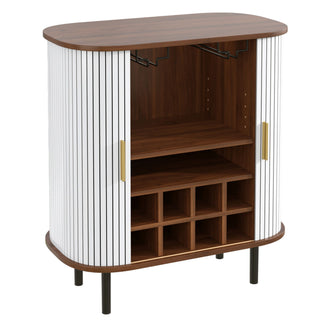 Fluted Wine Bar Cabinet With 8 Grid Wine Rack, 5 Level Adjustable Shelves, 2 Glass Holders