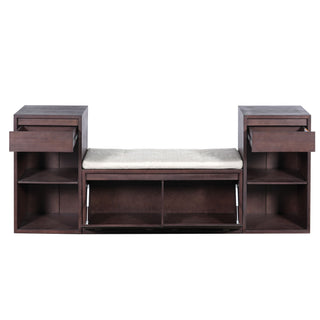 Entryway Storage Bench With Cushion, Drawers & Open Shelves