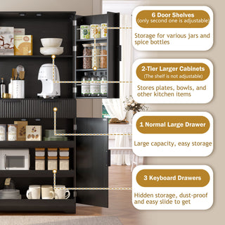 Fluted Kitchen Pantry Cabinet With 3 Keyboard Drawers & 6 Adjustable Door Shelves